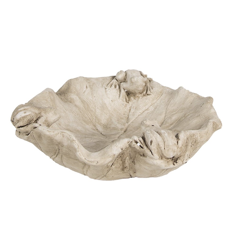 Vogeltränke Steinguss Blattform mit Frosch - Grau-Beige Landhausstil {{ Shabby Chic und Landhaus Deko }} {{ www.Stein-Alt.de }}