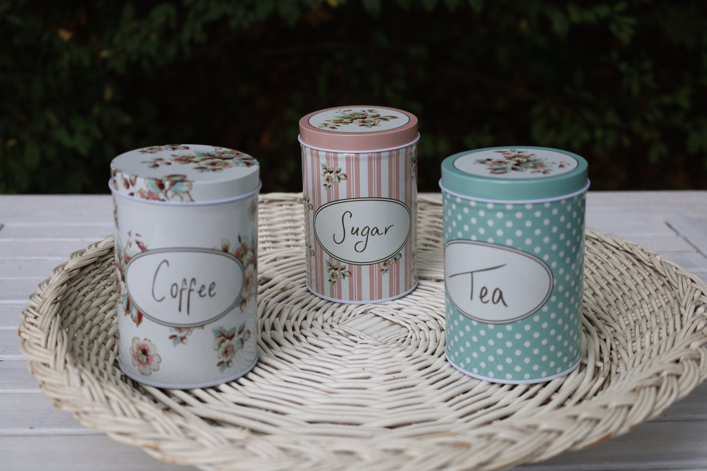 Vorratsdosen 3er Set Aluminium - Tee, Zucker, Kaffee - Landhausstil Weiß-Rosa-Grün {{ Shabby Chic und Landhaus Deko }} {{ www.Stein-Alt.de }}