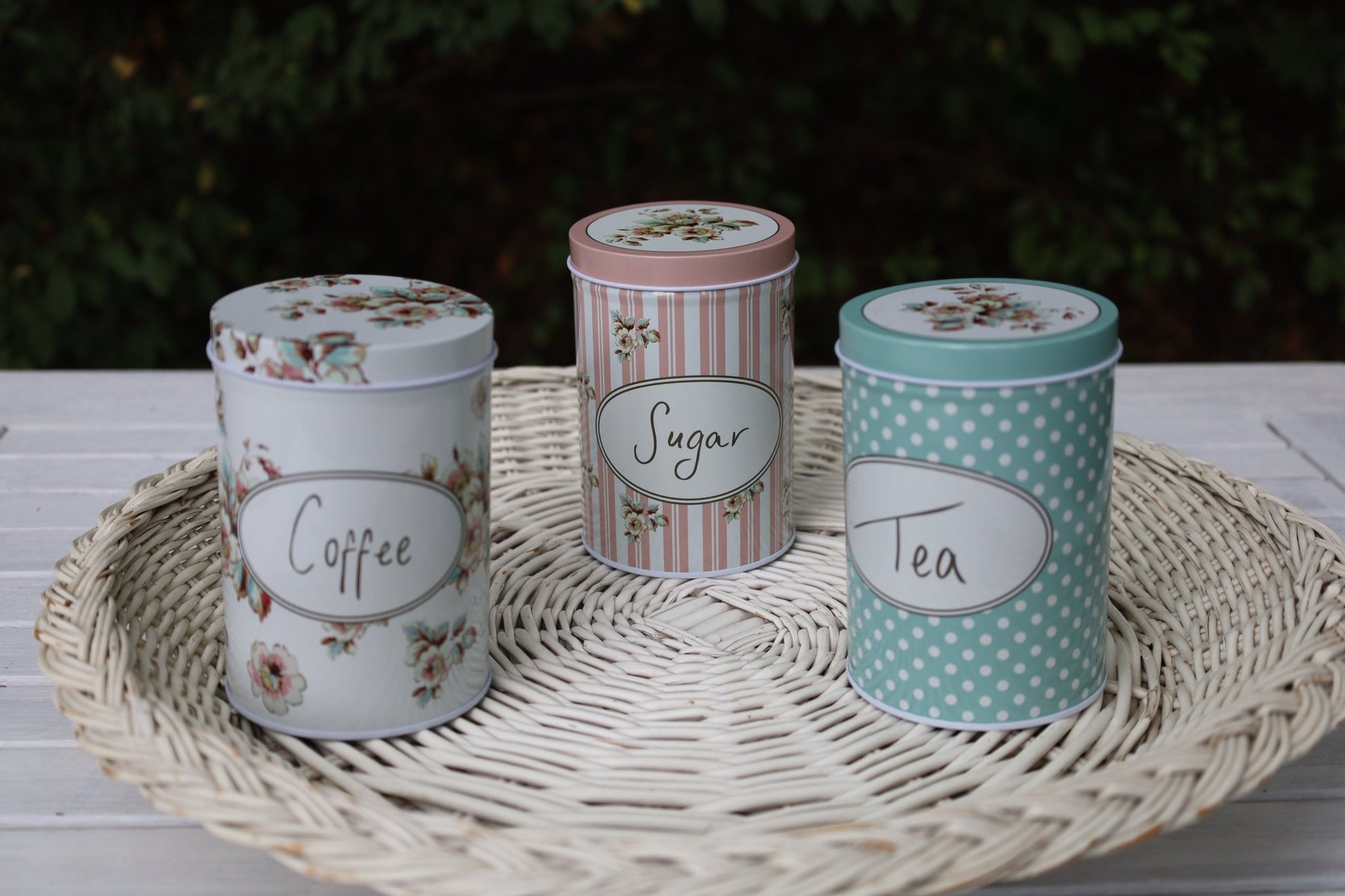 Vorratsdosen 3er Set Aluminium - Tee, Zucker, Kaffee - Landhausstil Weiß-Rosa-Grün {{ Shabby Chic und Landhaus Deko }} {{ www.Stein-Alt.de }}
