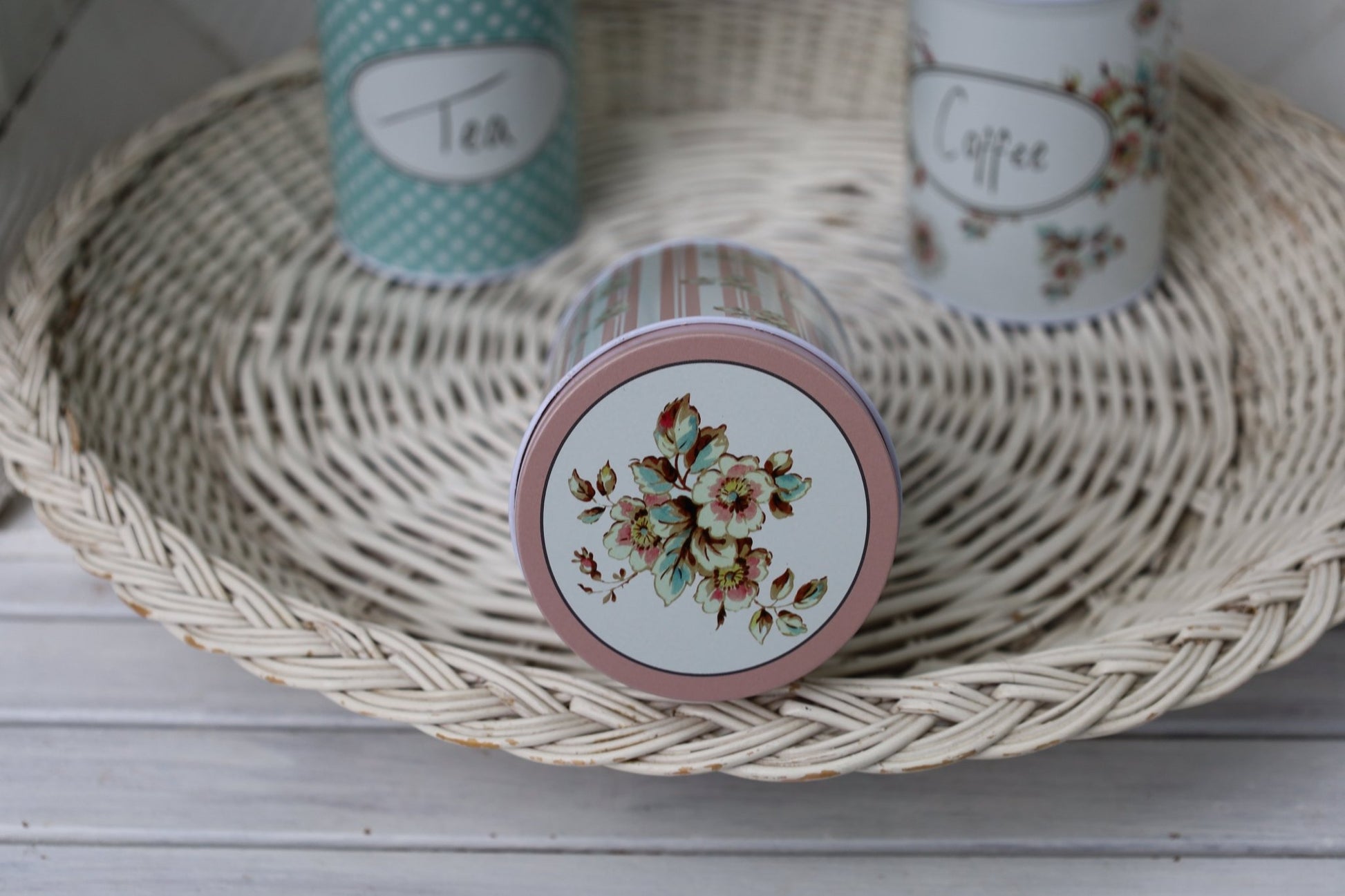 Vorratsdosen 3er Set Aluminium - Tee, Zucker, Kaffee - Landhausstil Weiß-Rosa-Grün {{ Shabby Chic und Landhaus Deko }} {{ www.Stein-Alt.de }}