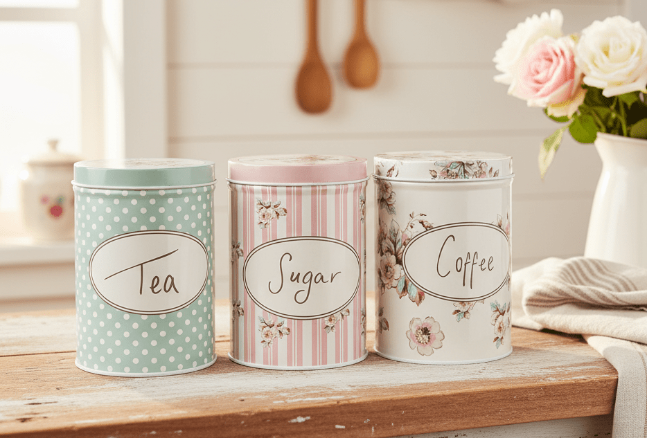 Vorratsdosen 3er Set Aluminium - Tee, Zucker, Kaffee - Landhausstil Weiß-Rosa-Grün {{ Shabby Chic und Landhaus Deko }} {{ www.Stein-Alt.de }}