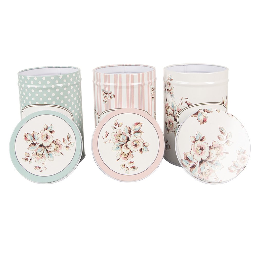 Vorratsdosen 3er Set Aluminium - Tee, Zucker, Kaffee - Landhausstil Weiß-Rosa-Grün {{ Shabby Chic und Landhaus Deko }} {{ www.Stein-Alt.de }}