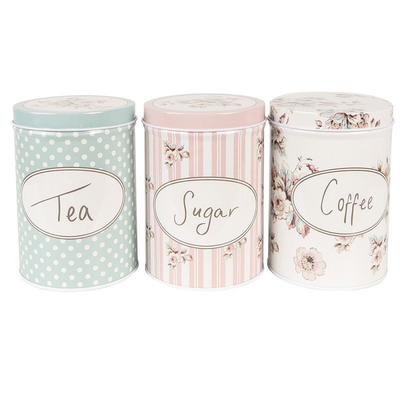 Vorratsdosen 3er Set Aluminium - Tee, Zucker, Kaffee - Landhausstil Weiß-Rosa-Grün {{ Shabby Chic und Landhaus Deko }} {{ www.Stein-Alt.de }}