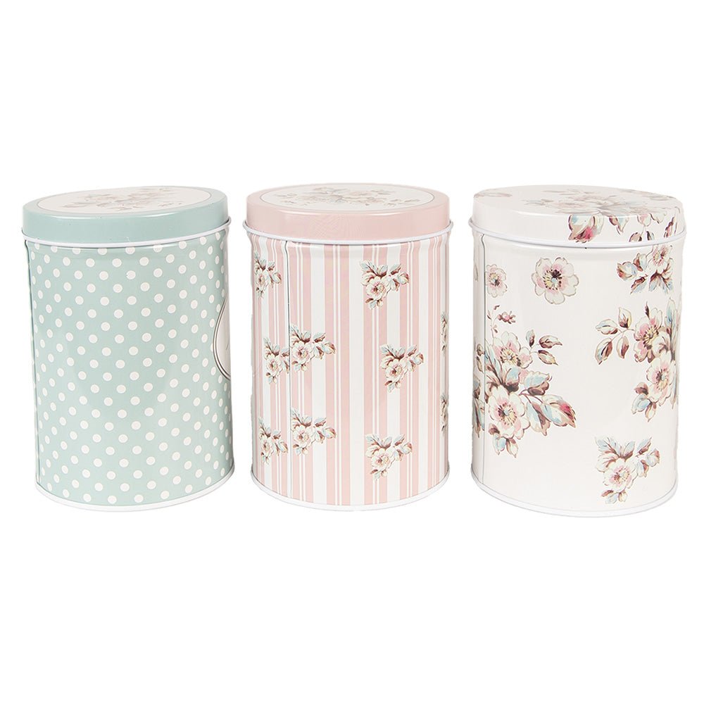 Vorratsdosen 3er Set Aluminium - Tee, Zucker, Kaffee - Landhausstil Weiß-Rosa-Grün {{ Shabby Chic und Landhaus Deko }} {{ www.Stein-Alt.de }}