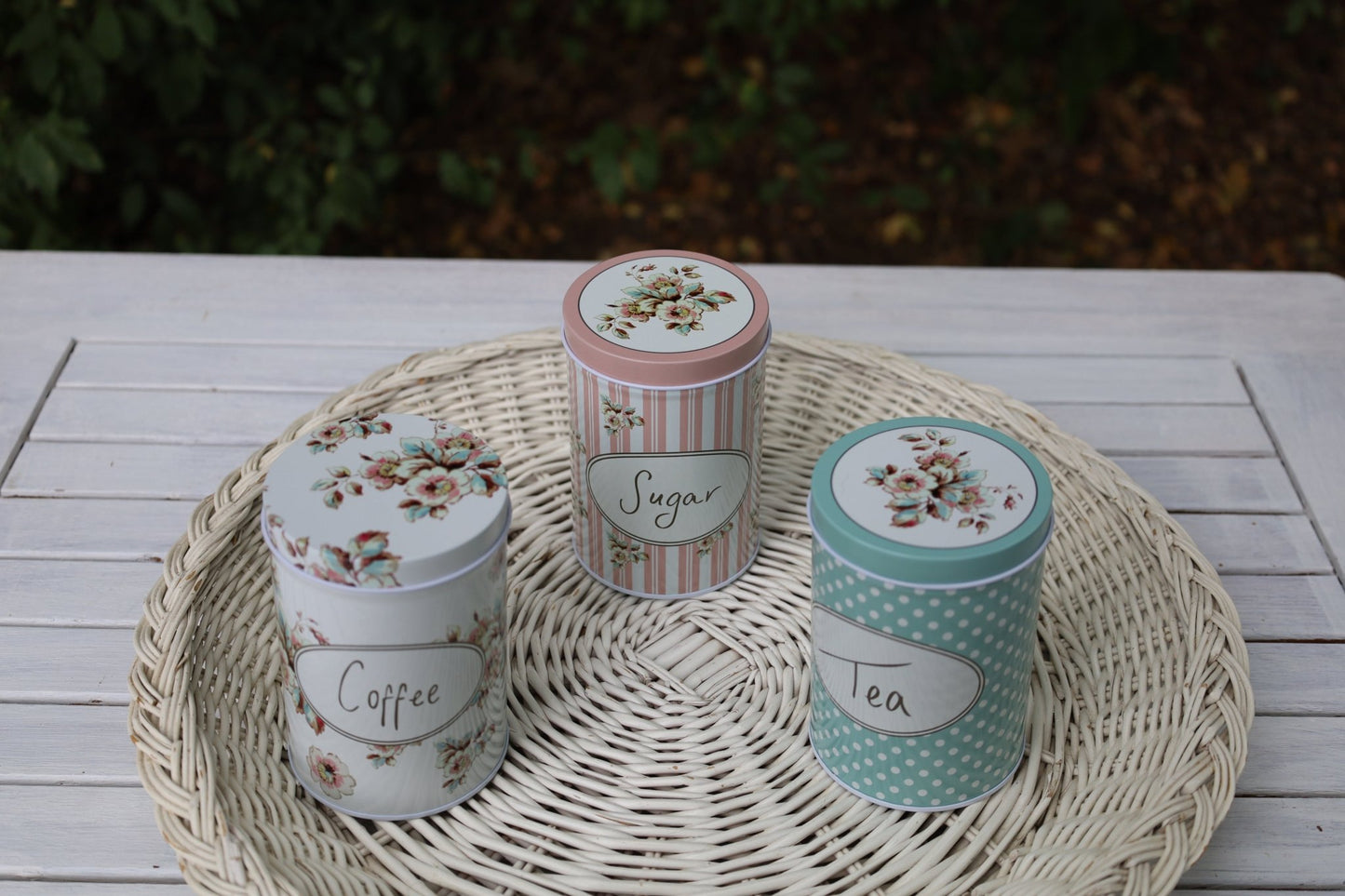 Vorratsdosen 3er Set Aluminium - Tee, Zucker, Kaffee - Landhausstil Weiß-Rosa-Grün {{ Shabby Chic und Landhaus Deko }} {{ www.Stein-Alt.de }}