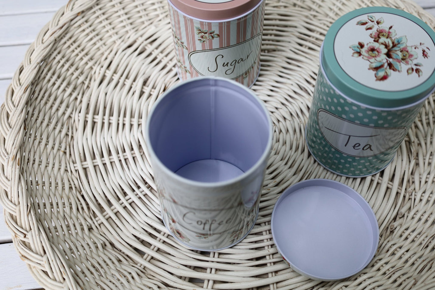 Vorratsdosen 3er Set Aluminium - Tee, Zucker, Kaffee - Landhausstil Weiß-Rosa-Grün {{ Shabby Chic und Landhaus Deko }} {{ www.Stein-Alt.de }}