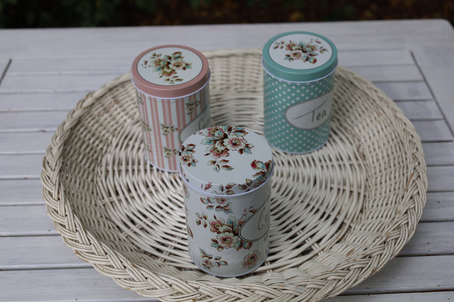 Vorratsdosen 3er Set Aluminium - Tee, Zucker, Kaffee - Landhausstil Weiß-Rosa-Grün {{ Shabby Chic und Landhaus Deko }} {{ www.Stein-Alt.de }}