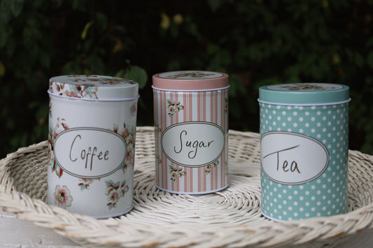 Vorratsdosen 3er Set Aluminium - Tee, Zucker, Kaffee - Landhausstil Weiß-Rosa-Grün 1 {{ Shabby Chic und Landhaus Deko }} {{ www.Stein-Alt.de }}