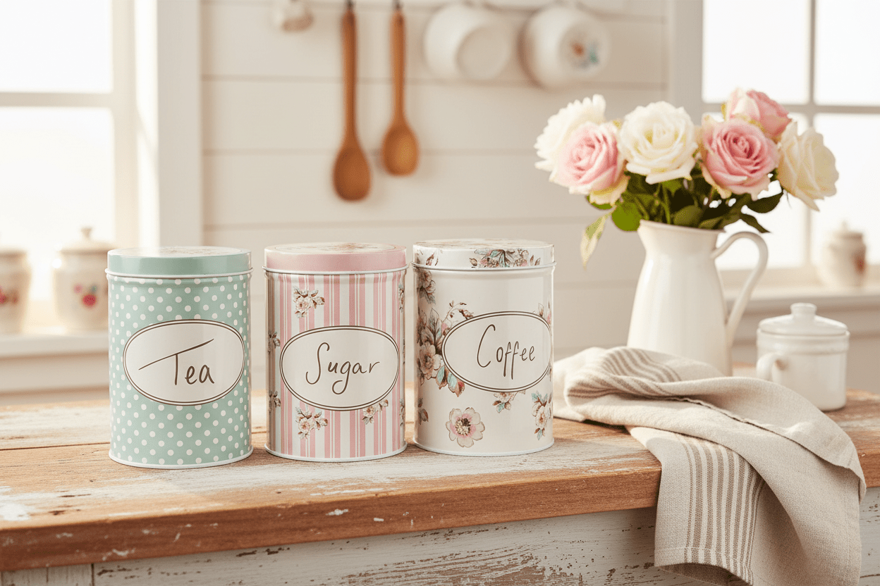 Vorratsdosen 3er Set Aluminium - Tee, Zucker, Kaffee - Landhausstil Weiß-Rosa-Grün {{ Shabby Chic und Landhaus Deko }} {{ www.Stein-Alt.de }}