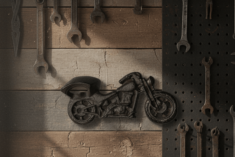 Wandflaschenöffner Motorrad Gusseisen – Vintage Biker Deko 19cm {{ Shabby Chic und Landhaus Deko }} {{ www.Stein-Alt.de }}