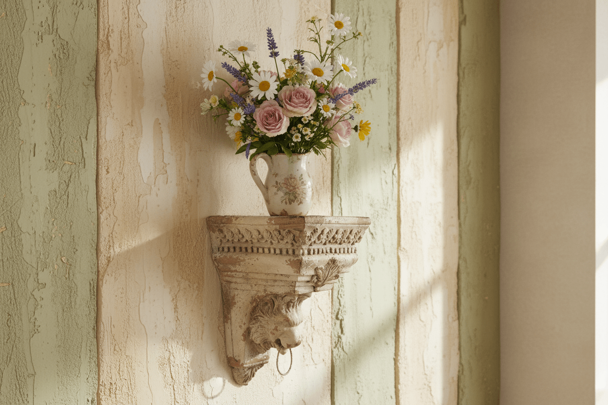 Wandkonsole Shabby Chic Beige – Dekorative Wanddeko im Landhausstil {{ Shabby Chic und Landhaus Deko }} {{ www.Stein-Alt.de }}