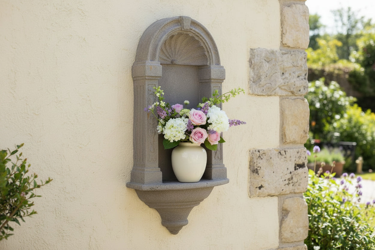 Wandkonsole Grau – Klassisch Elegante Deko für Garten & Balkon {{ Shabby Chic und Landhaus Deko }} {{ www.Stein-Alt.de The cosy Cottage }}
