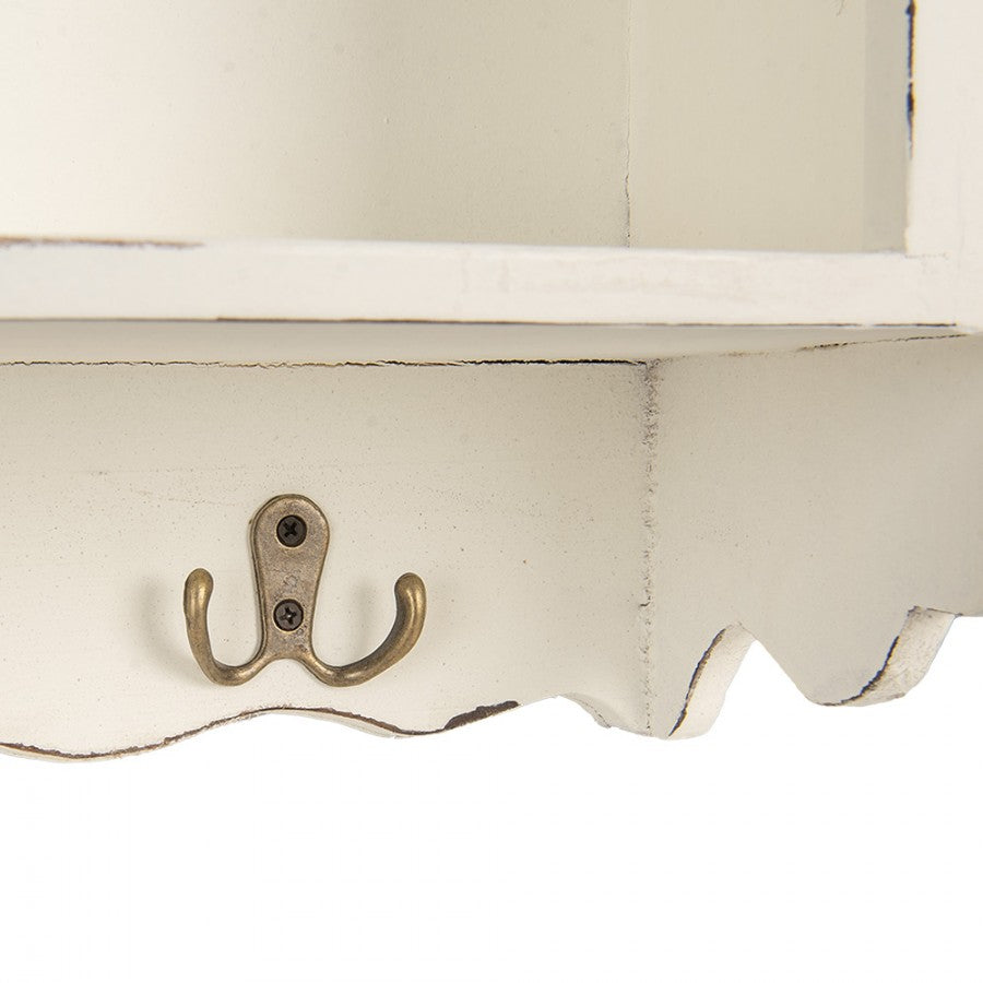Shabby Chic Wandregal aus Holz in Creme-Weiß mit Haken