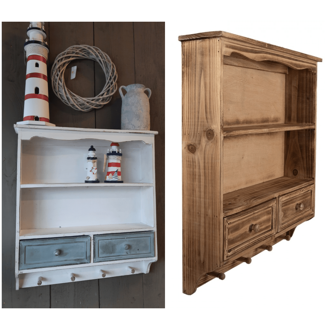 Wandregal Holz mit Schubladen & Haken - Shabby Chic Landhausstil Weiß, Braun {{ Shabby Chic und Landhaus Deko }} {{ www.Stein-Alt.de }}