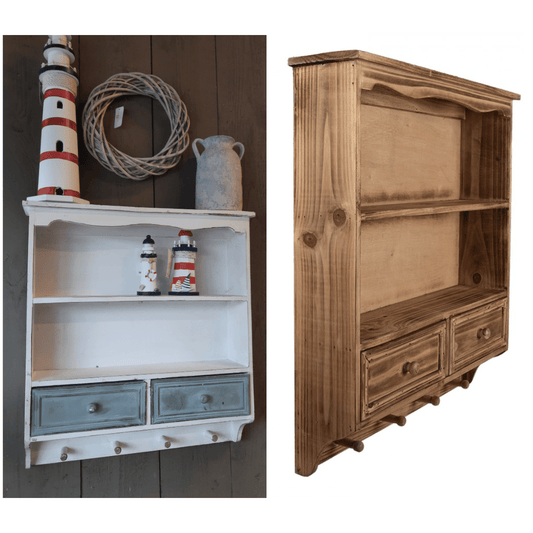 Wandregal Holz mit Schubladen & Haken - Shabby Chic Landhausstil Weiß, Braun {{ Shabby Chic und Landhaus Deko }} {{ www.Stein-Alt.de }}
