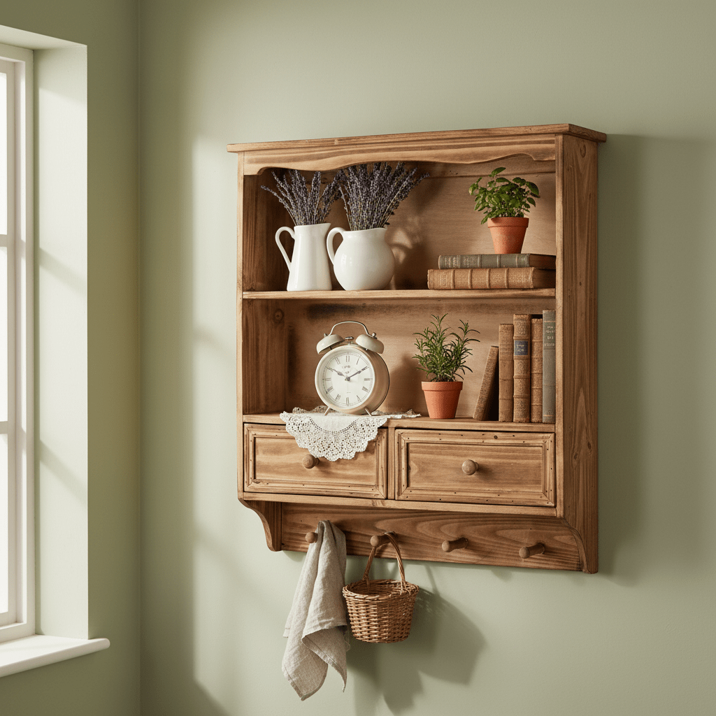 Wandregal Holz mit Schubladen & Haken - Shabby Chic Landhausstil Weiß, Braun {{ Shabby Chic und Landhaus Deko }} {{ www.Stein-Alt.de }}