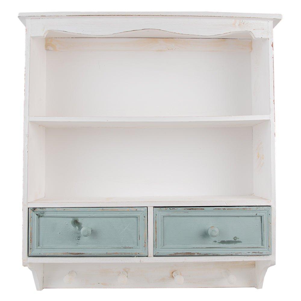 Wandregal Holz mit Schubladen & Haken - Shabby Chic Landhausstil Weiß, Braun {{ Shabby Chic und Landhaus Deko }} {{ www.Stein-Alt.de }}