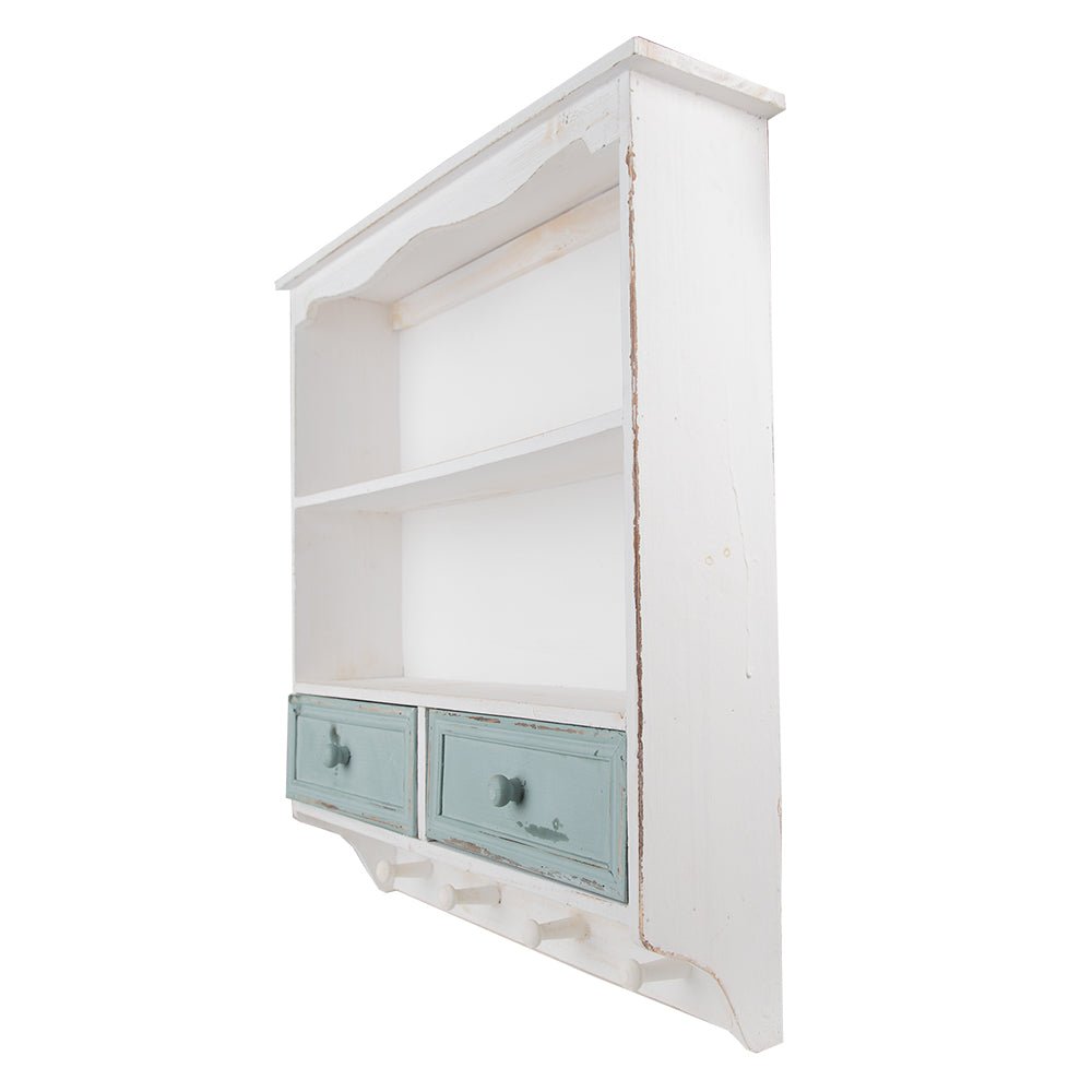 Wandregal Holz mit Schubladen & Haken - Shabby Chic Landhausstil Weiß, Braun {{ Shabby Chic und Landhaus Deko }} {{ www.Stein-Alt.de }}
