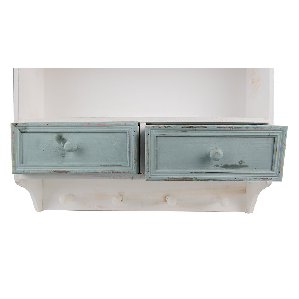 Wandregal Holz mit Schubladen & Haken - Shabby Chic Landhausstil Weiß, Braun {{ Shabby Chic und Landhaus Deko }} {{ www.Stein-Alt.de }}