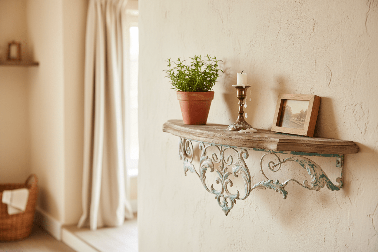 Wandregal Shabby Chic – Schmiedeeisen & Holz, halbrund, 100 cm {{ Shabby Chic und Landhaus Deko }} {{ www.Stein-Alt.de }}