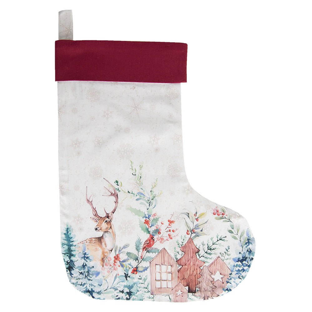 Weihnachtsstrumpf Winterwald mit Hirschen - Baumwolle Nikolausstrumpf Rot-Weiß {{ Shabby Chic und Landhaus Deko }} {{ www.Stein-Alt.de }}