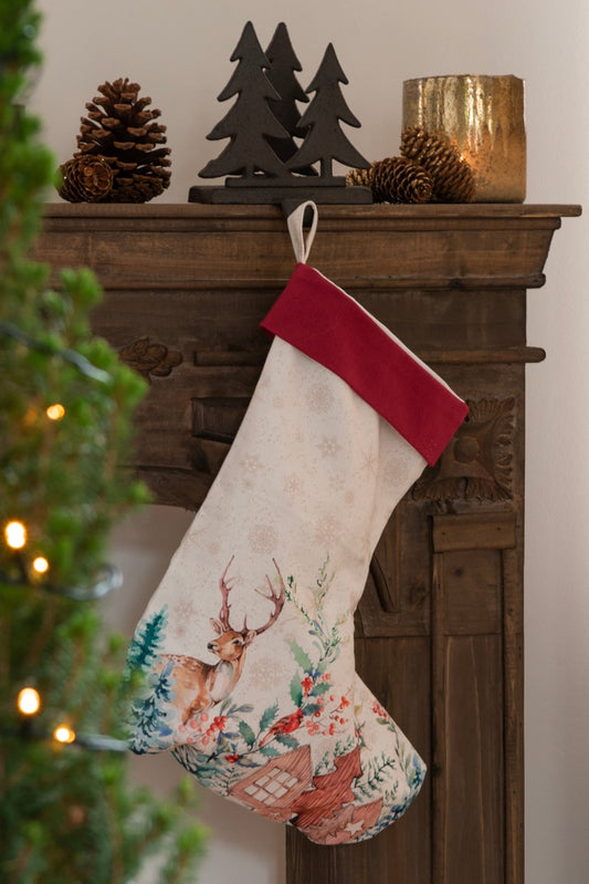 Weihnachtsstrumpf Winterwald mit Hirschen - Baumwolle Nikolausstrumpf Rot-Weiß {{ Shabby Chic und Landhaus Deko }} {{ www.Stein-Alt.de }}