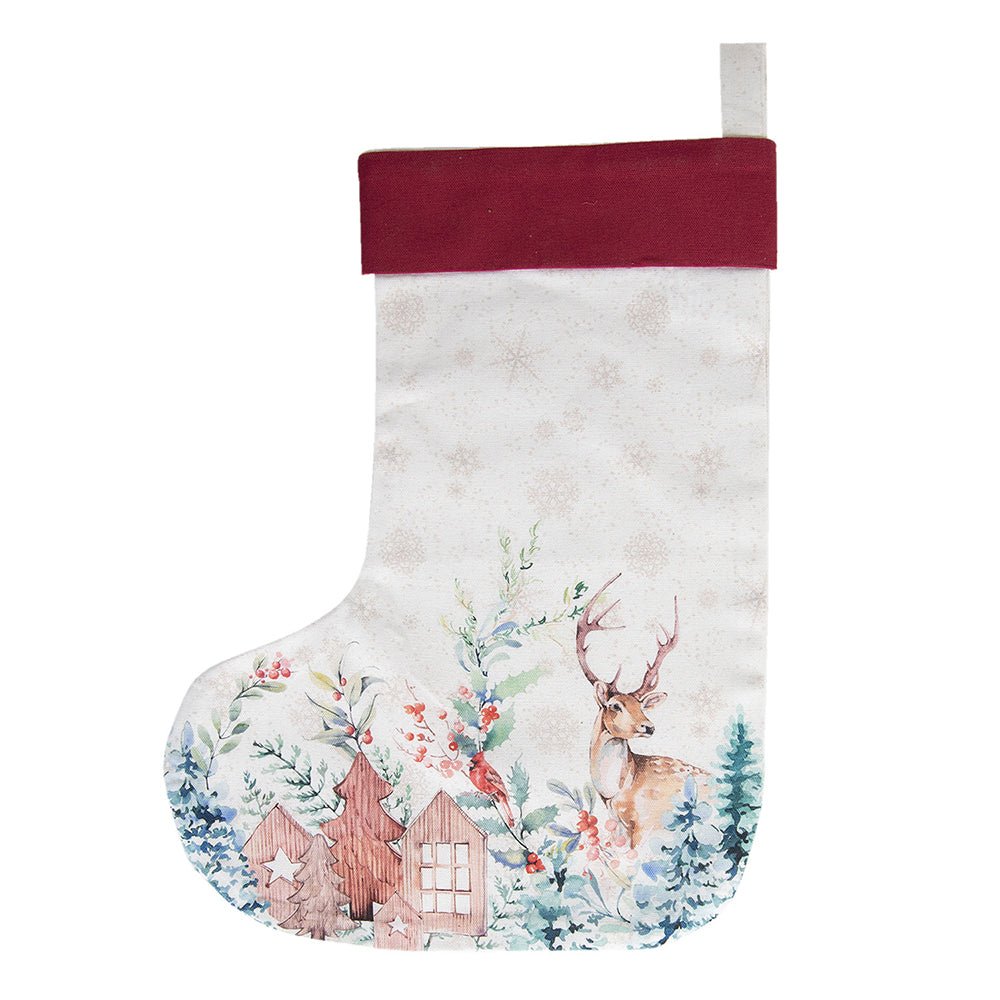 Weihnachtsstrumpf Winterwald mit Hirschen - Baumwolle Nikolausstrumpf Rot-Weiß {{ Shabby Chic und Landhaus Deko }} {{ www.Stein-Alt.de }}