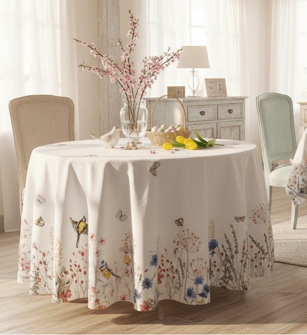 Weiße Tischdecke Baumwolle Landhausstil - Tischband Frühling Sommer Shabby Chic {{ Shabby Chic und Landhaus Deko }} {{ www.Stein-Alt.de }}