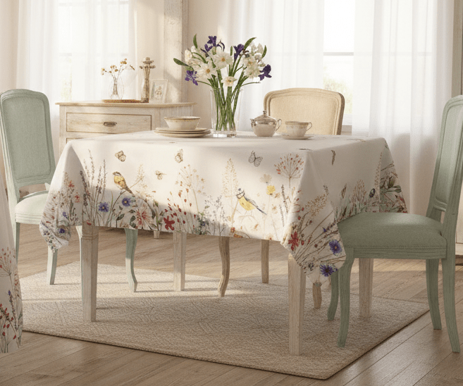Weiße Tischdecke Baumwolle Landhausstil - Tischband Frühling Sommer Shabby Chic {{ Shabby Chic und Landhaus Deko }} {{ www.Stein-Alt.de }}