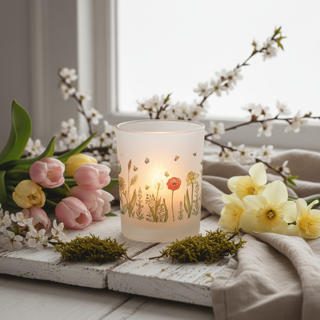 Windlicht aus satiniertem Glas mit tierischen und floralen Motiven {{ Shabby Chic und Landhaus Deko }} {{ www.Stein-Alt.de }}