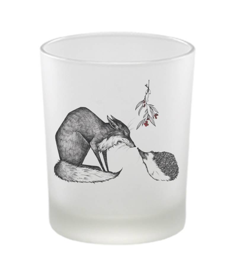 Windlicht aus satiniertem Glas mit tierischen und floralen Motiven Fuchs und Igel {{ Shabby Chic und Landhaus Deko }} {{ www.Stein-Alt.de }}
