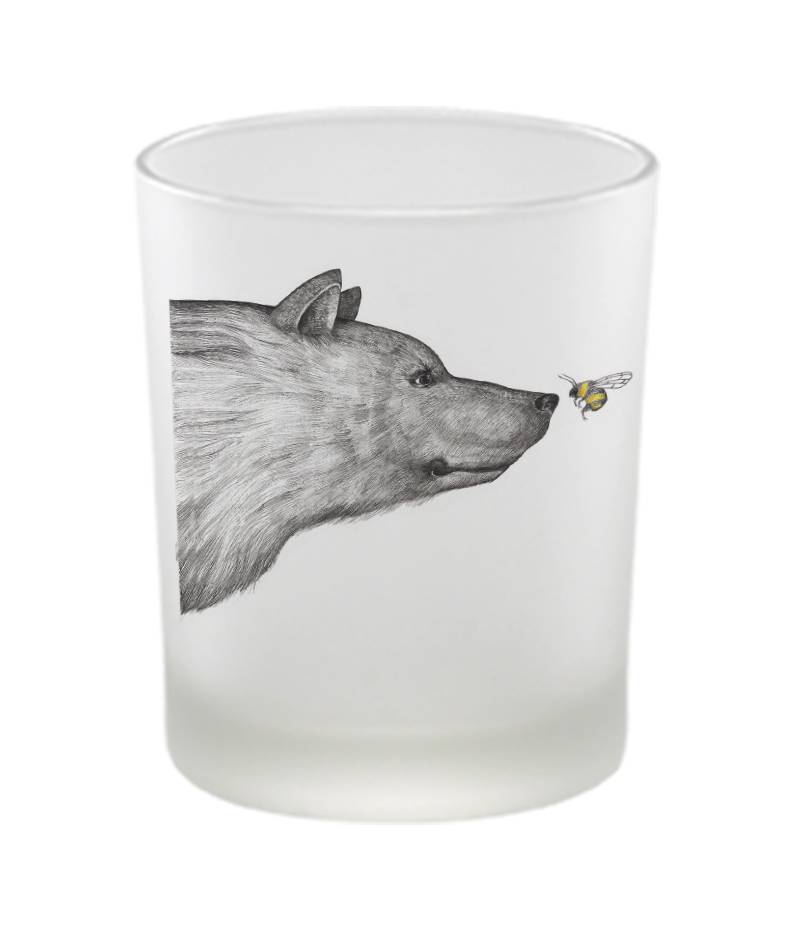 Windlicht aus satiniertem Glas mit tierischen und floralen Motiven Bär und Biene {{ Shabby Chic und Landhaus Deko }} {{ www.Stein-Alt.de }}