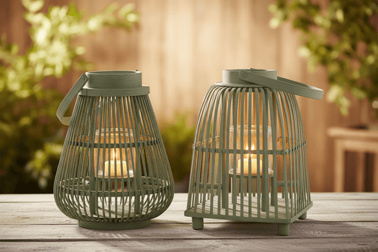 Windlicht Laterne Rattan Grün – Rund oder Eckig | Cottage & Landhausstil {{ Shabby Chic und Landhaus Deko }} {{ www.Stein-Alt.de }}