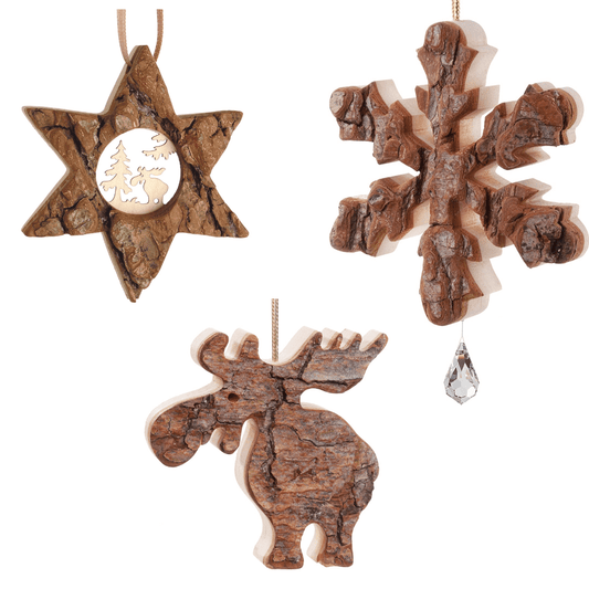 Winterliche Holzanhänger – Rentier, Schneeflocke, Stern | Rindenholz Weihnachtsdeko {{ Shabby Chic und Landhaus Deko }} {{ www.Stein-Alt.de }}