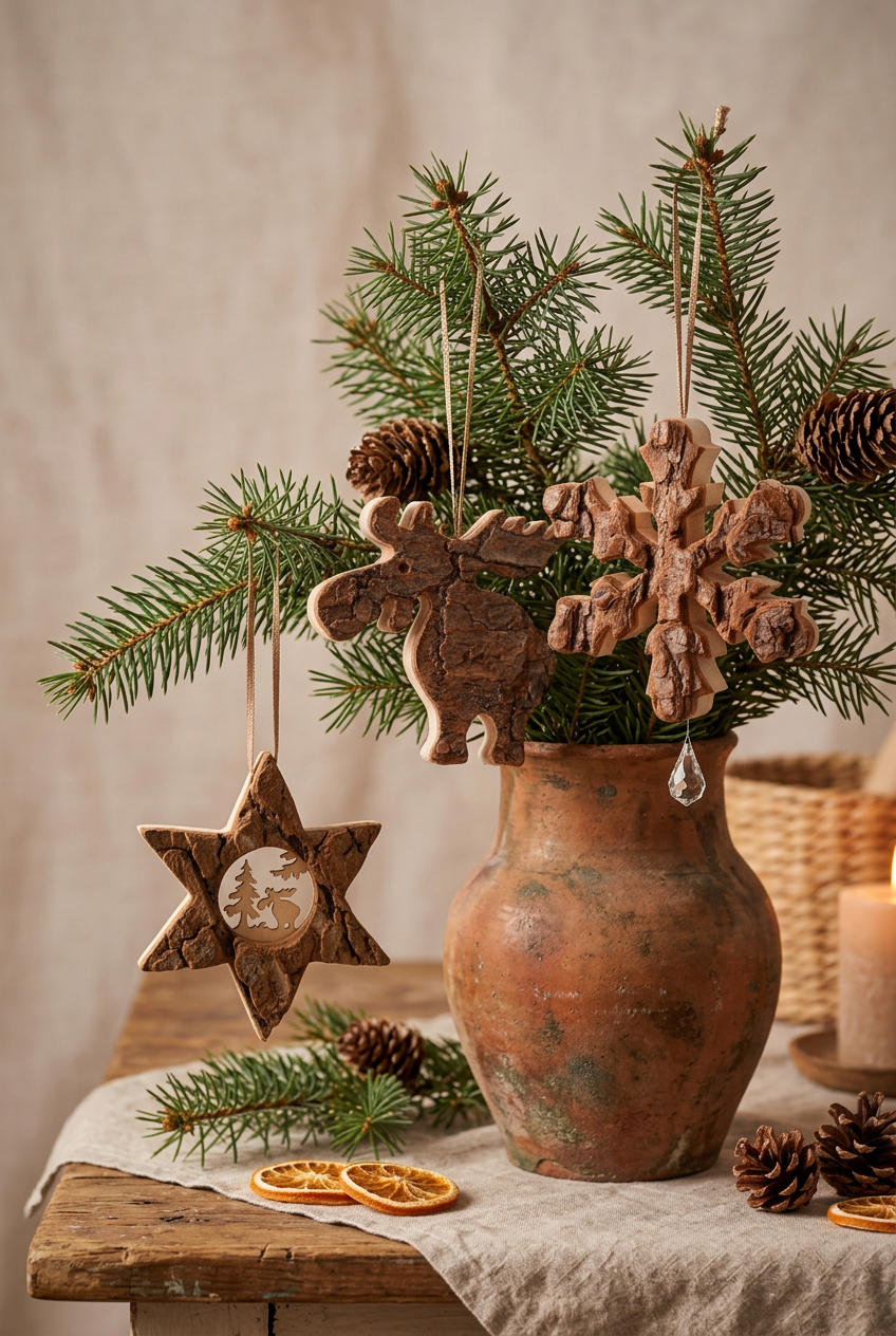 Dekoanhänger Weihnachtsanhänger Landhausstil Rindenholz Elch Schneeflocke Stern Shabby-Chic und Landhaus-Deko bei www.Stein-Alt.de