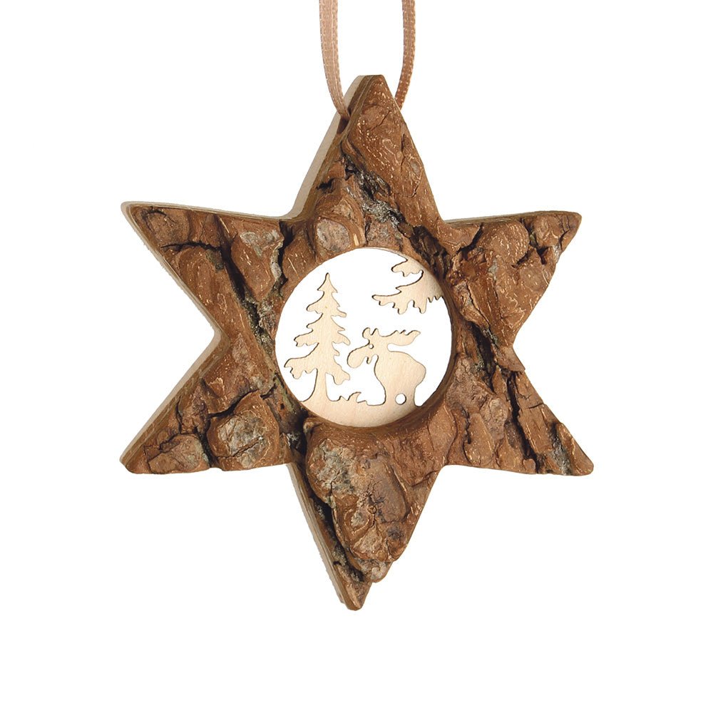 Winterliche Holzanhänger – Rentier, Schneeflocke, Stern | Rindenholz Weihnachtsdeko Stern {{ Shabby Chic und Landhaus Deko }} {{ www.Stein-Alt.de }}