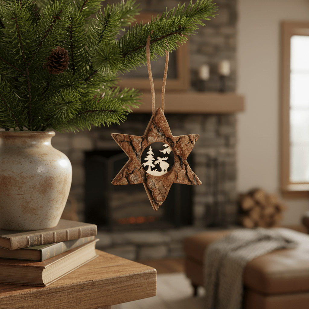Winterliche Holzanhänger – Rentier, Schneeflocke, Stern | Rindenholz Weihnachtsdeko {{ Shabby Chic und Landhaus Deko }} {{ www.Stein-Alt.de }}