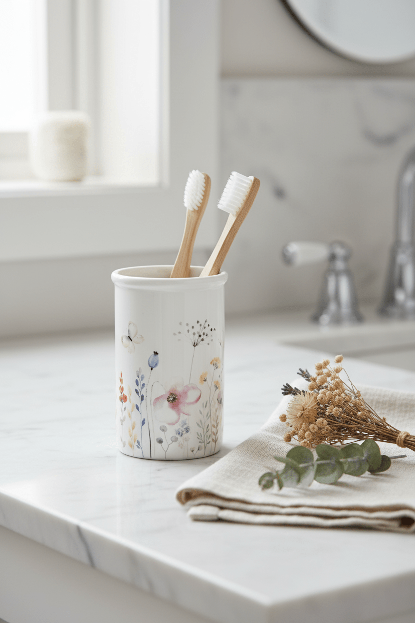 Zahnbürstenhalter Blumenmotiv Weiß – Keramik | Clayre & Eef {{ Shabby Chic und Landhaus Deko }} {{ www.Stein-Alt.de }}
