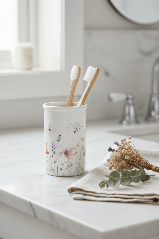 Zahnbürstenhalter Blumenmotiv Weiß – Keramik | Clayre & Eef {{ Shabby Chic und Landhaus Deko }} {{ www.Stein-Alt.de }}