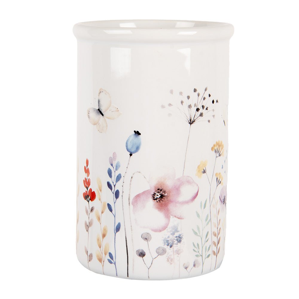 Zahnbürstenhalter mit Blumenmotiv aus Keramik in Weiß {{ Shabby Chic und Landhaus Deko }} {{ www.Stein-Alt.de }}