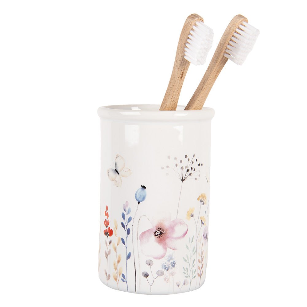 Zahnbürstenhalter mit Blumenmotiv aus Keramik in Weiß {{ Shabby Chic und Landhaus Deko }} {{ www.Stein-Alt.de }}
