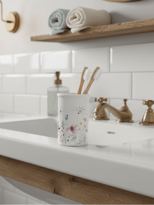 Zahnbürstenhalter mit Blumenmotiv aus Keramik in Weiß {{ Shabby Chic und Landhaus Deko }} {{ www.Stein-Alt.de }}