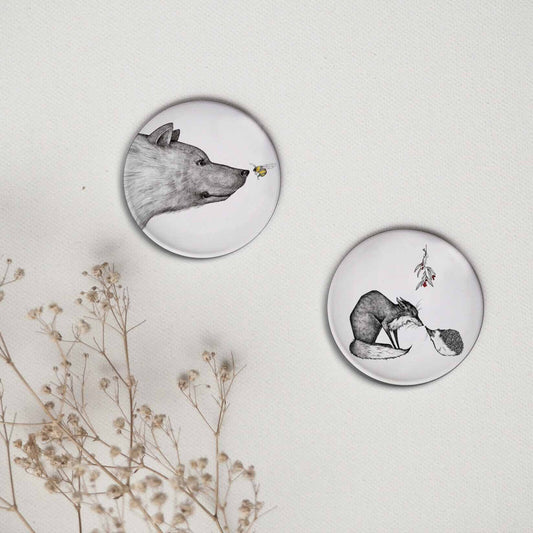 Kühlschrankmagnet mit Tiermotiven - Fuchs, Igel & Bär - 56mm rund