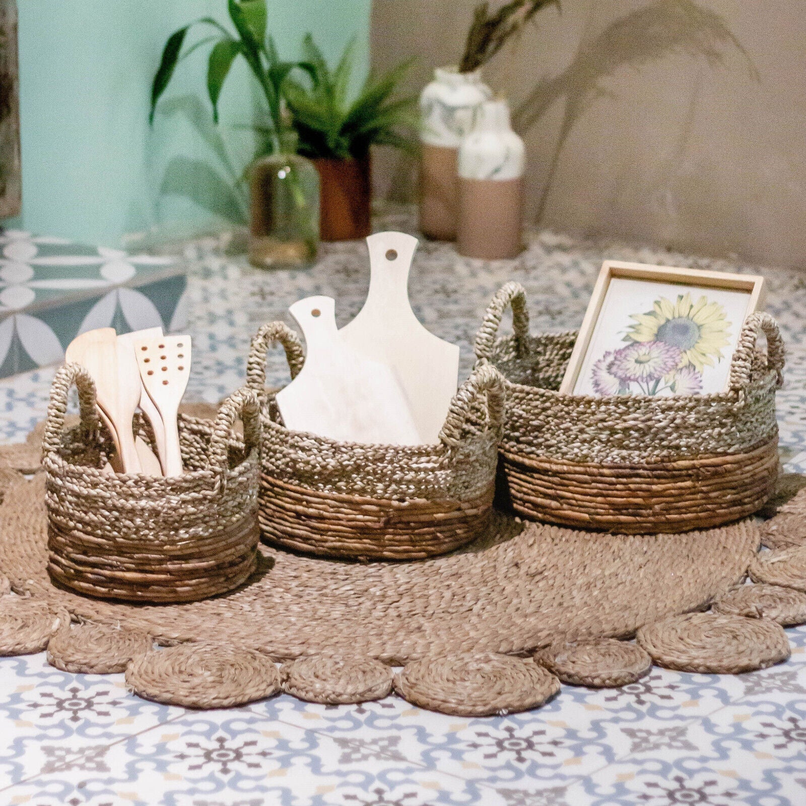 Aufbewahrungskorb Seegras mit Griffen – Handarbeit Rund Ø23-35cm {{ Shabby Chic und Landhaus Deko }} {{ www.Stein-Alt.de }}